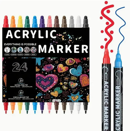 24 dvipusiai akryliniai markeriai akmenims, dažai flomasteriuose