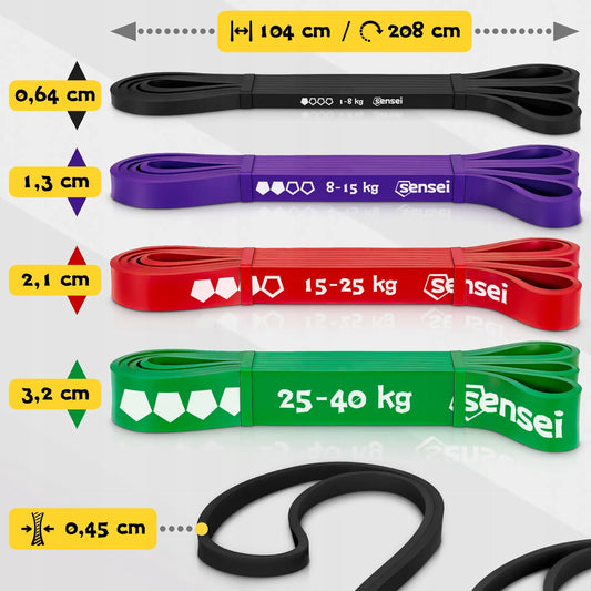 4 pasipriešinimo gumų (Power Band) rinkinys su laikikliu, treniruočių gumos, prisitraukimams
