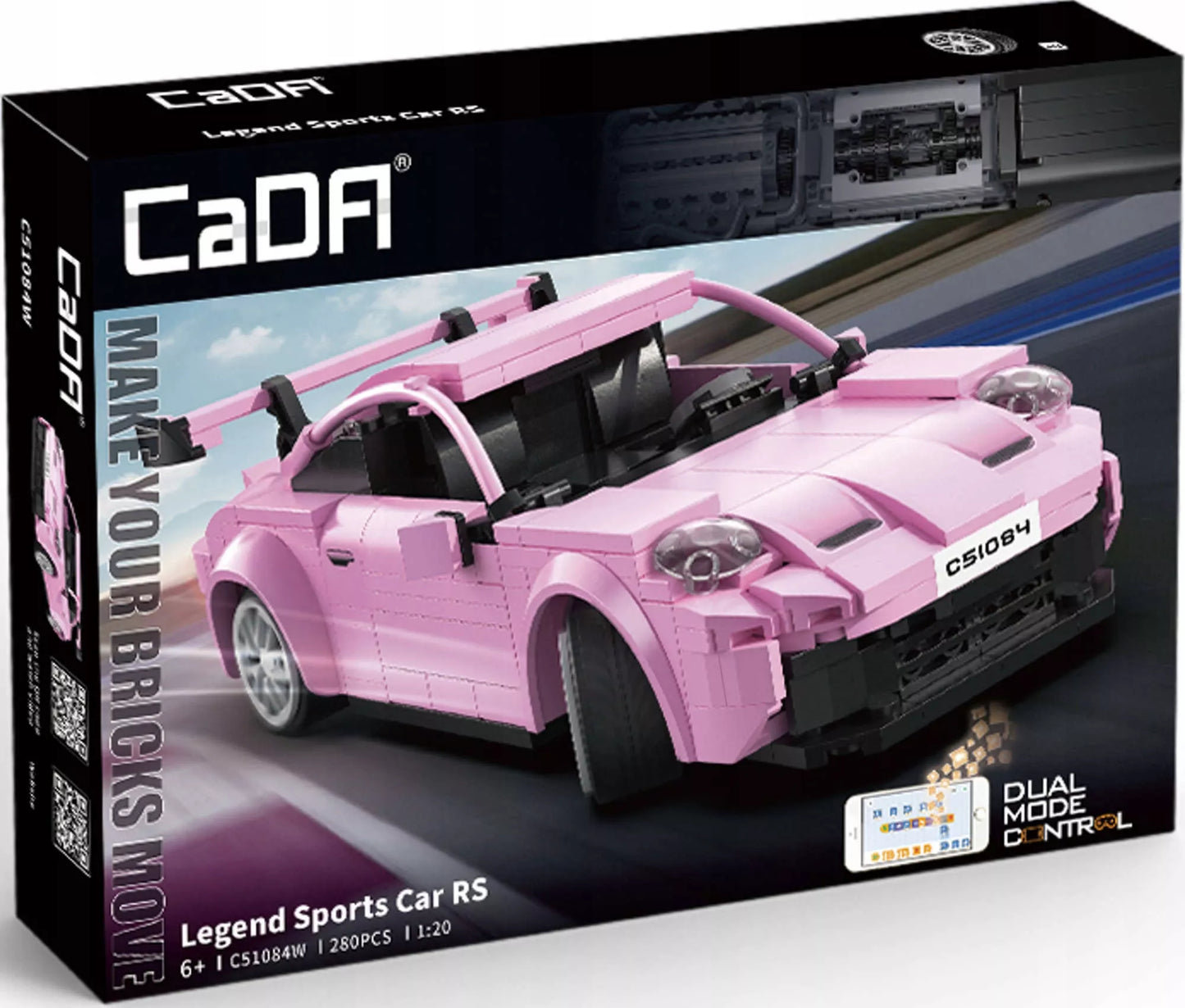 CADA Konstruktoriaus rinkinys: Sportinio automobilio modelis "Legend Sport", Rožinis, RC, Dvigubo režimo, 280 elementų