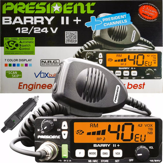 CB RADIJAS PRESIDENT BARRY II+ ASC NB 12V/24V + nemokamas žiebtuvėlio kištukas