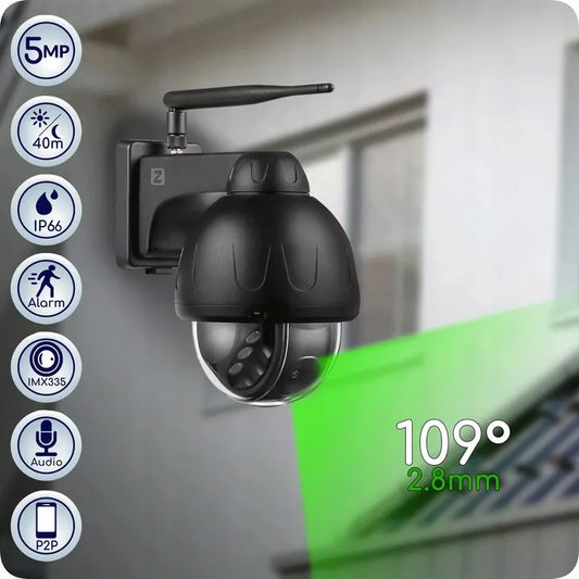 WiFi lauko PTZ kamera 5 MPx, metalinė, juoda, su garsu ir judesio aptikimu
