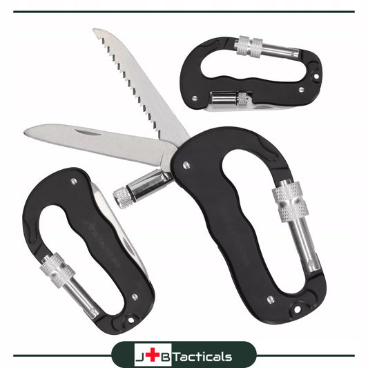 Daugiafunkcinis karabinas su peiliu, pjūklu, žibintuvėliu MULTITOOL 5in1 survivalinis