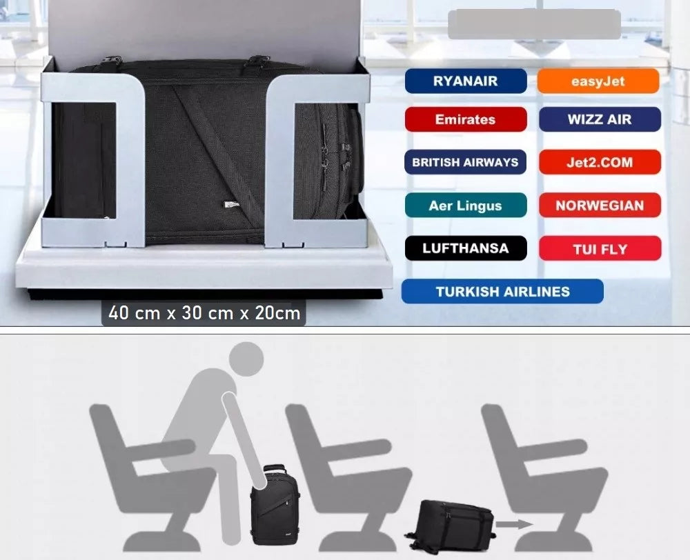 Lėktuvo kuprinė RYANAIR WIZZAIR 40x30x20 rankinis bagažas, mažas praplatinimas