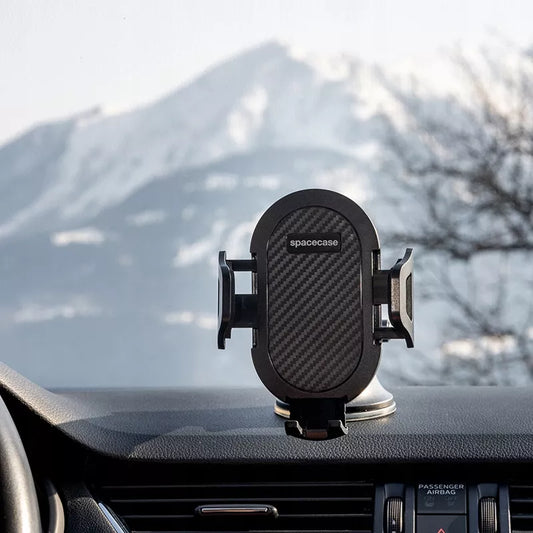 Tvirtas automobilinis laikiklis telefonui ant priekinio stiklo, prietaisų skydelio, salono