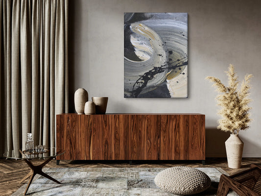 Abstraktus paveikslas ant drobės 60 × 80 cm, akvarelės dėmės, pilkas, C036