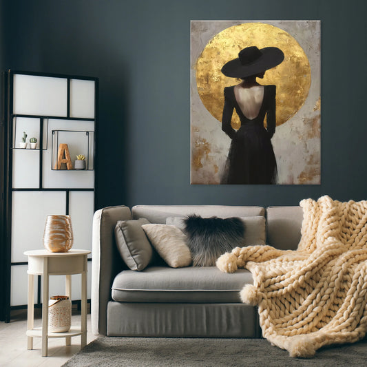 Abstraktus paveikslas „Moteris, auksas“ ant drobės su rėmu, 100 × 70 cm