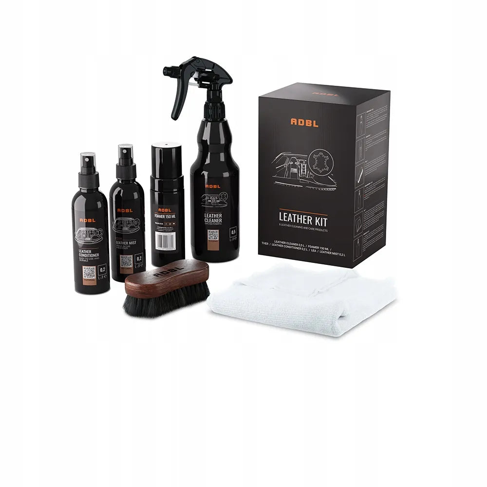 ADBL Leather Kit – odinių apmušalų valymo ir priežiūros rinkinys su valikliu, kondicionieriumi ir šepetėliu