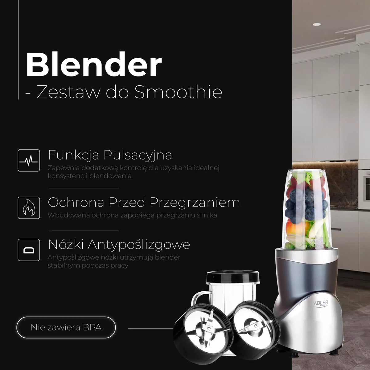 Adler kokteilių trintuvas, 1200 W, su buteliu, indu, malūnėliu ir keičiamais peiliais
