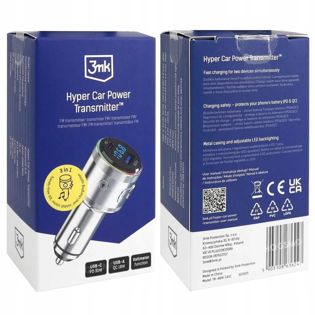 Automobilinis FM Bluetooth siųstuvas 3mk Hyper Car Power, USB-A ir USB-C greitasis įkroviklis