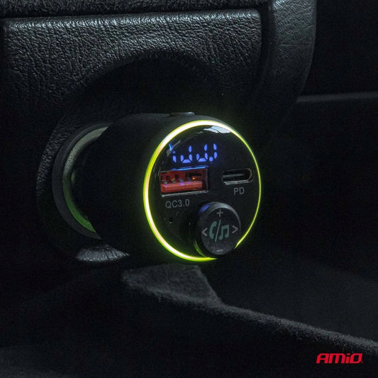 Automobilinis FM siųstuvas 1×USB-A 1×USB-C 12V 24V AMIO-04655