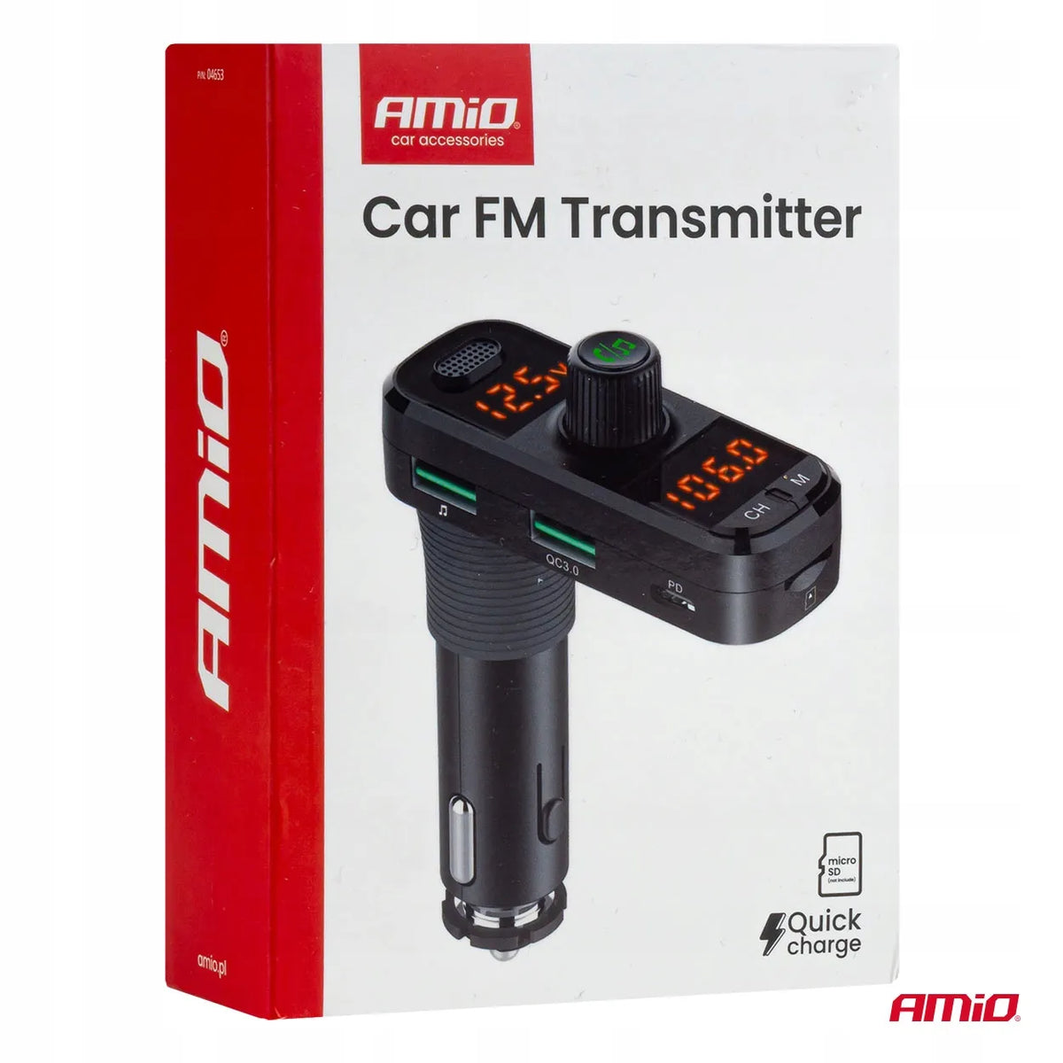Automobilinis FM siųstuvas 2xUSB-A 1xUSB-C microSD 12V 24V Amio-04653