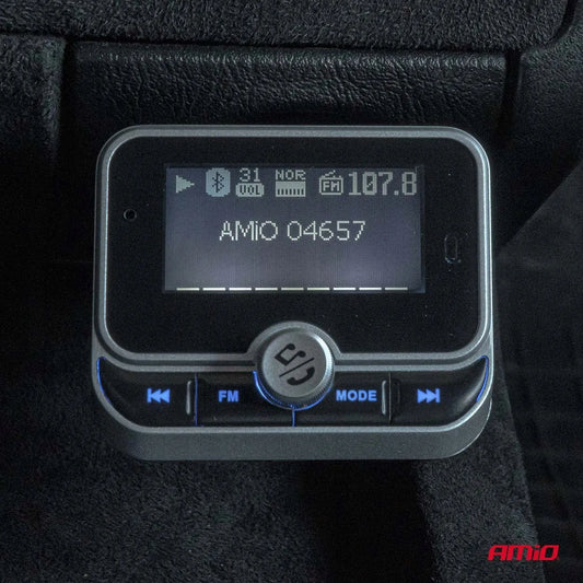 Automobilinis FM siųstuvas su nuotolinio valdymo pulteliu 2×USB-A 12V 24V AMIO-04657
