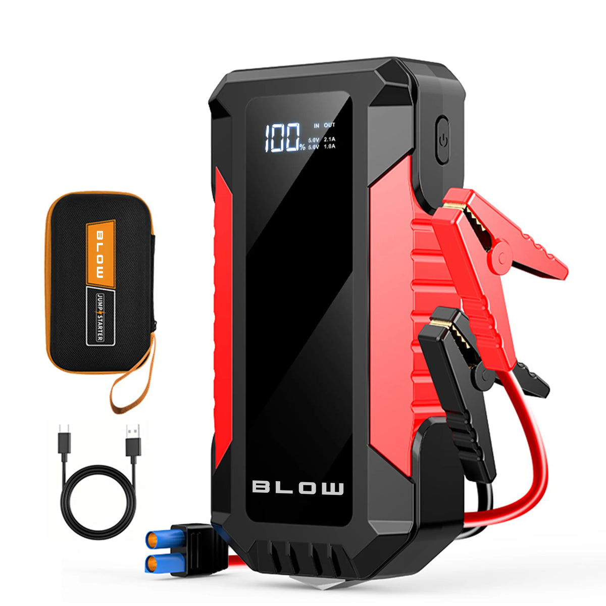 BLOW JS-12 Jump starter, pagalbinis užvedimo įrenginys, powerbank, žibintuvėlis, saugos plaktukas, laidai, 1000A, 12000mAh