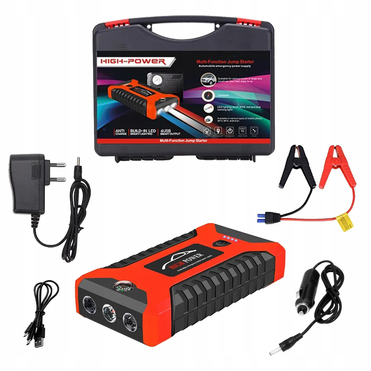 „Buster“ automobilinis užvedimo įrenginys, 99 800 mAh, 12 V, power bank su gnybtais ir žibintuvėliu