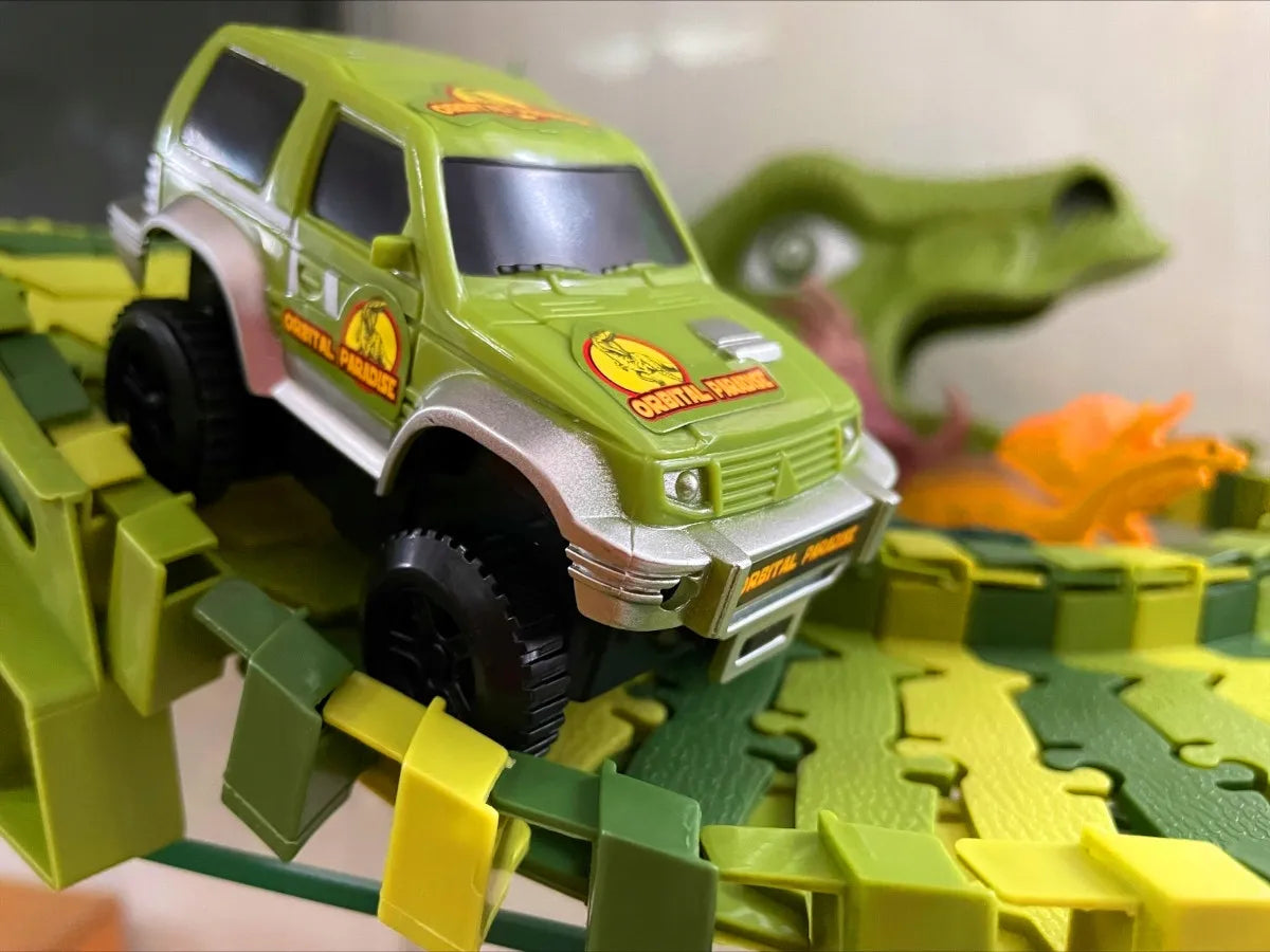 Dinozaurų parko lenktynių trasa „Magic Track“ su automobiliu, konstruktoriaus rinkinys, 270 dalių