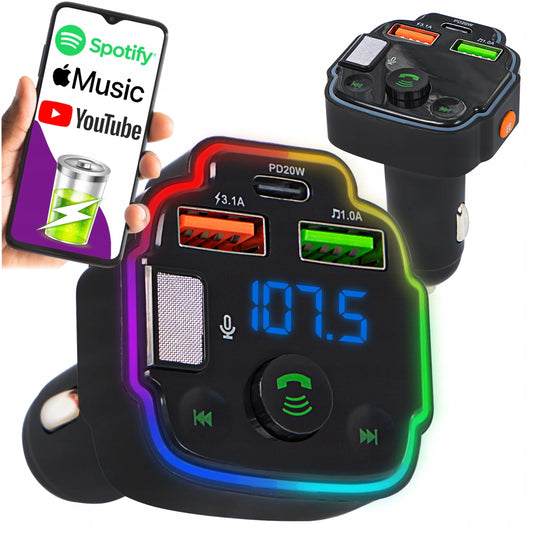 FM „Bluetooth“ siųstuvas, laisvų rankų įranga + RGB įkroviklis