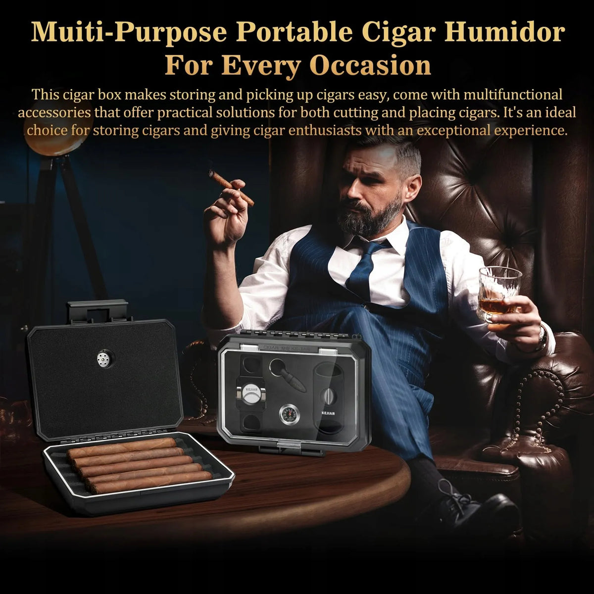 Keliaujantis cigarų humidoras 5 cigarams su higrometru, kedrinis, kompaktiškas