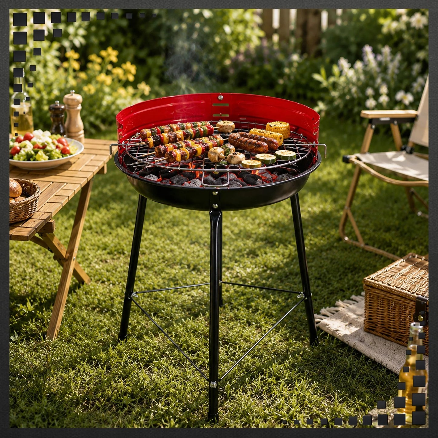 Klasikinis apvalus anglies sodo grilis 35 cm BBQ grotelės tvirtas