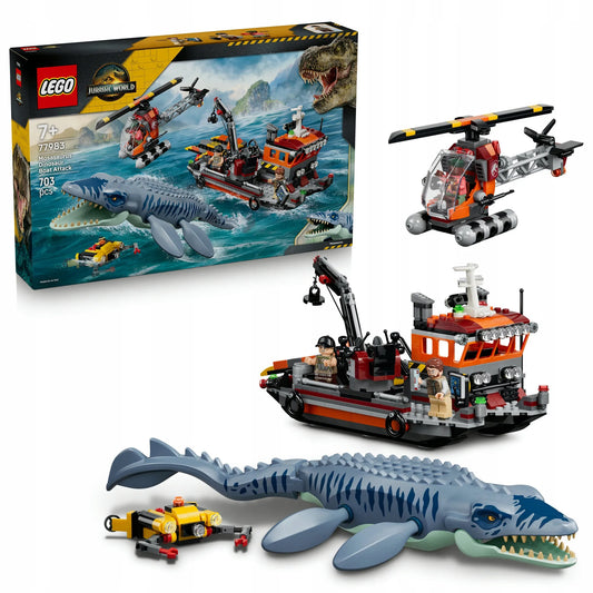 LEGO Jurassic World 77983 Mozazauro ataka prieš valtį – dinozauras, valtis, sraigtasparnis