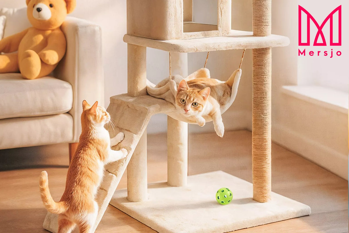 Mersjo 6 lygių aukšta draskyklė katėms su nameliu, gultu ir žaislu – 125 cm
