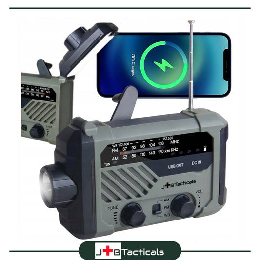 Nešiojamas avarinis FM/AM radijas, saulės energija kraunamas, su rankena, maitinimo banku, žibintuvėliu ir dinama