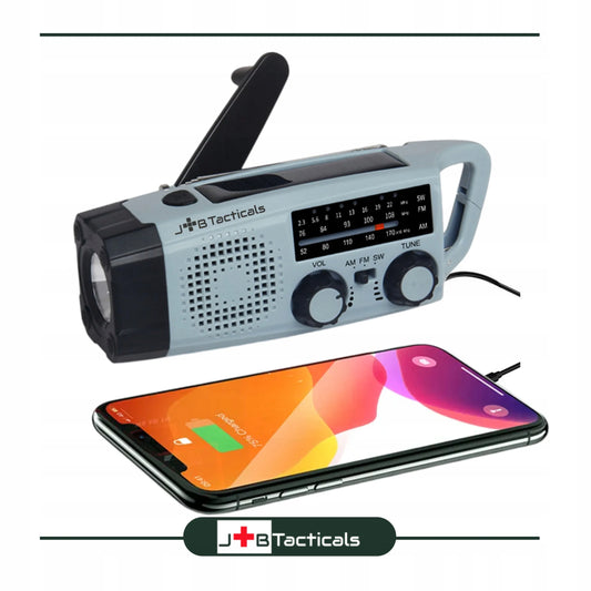 Nešiojamas avarinis FM/AM radijas su saulės baterija, rankenėle, išoriniu akumuliatoriumi ir LED žibintuvėliu