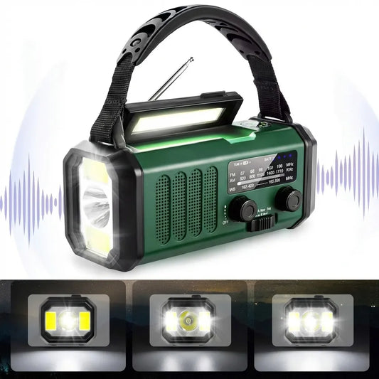 Nešiojamasis radijas su rankine dinamąja ir saulės įkrova, avarinis „Powerbank“ ir statybinis radijas