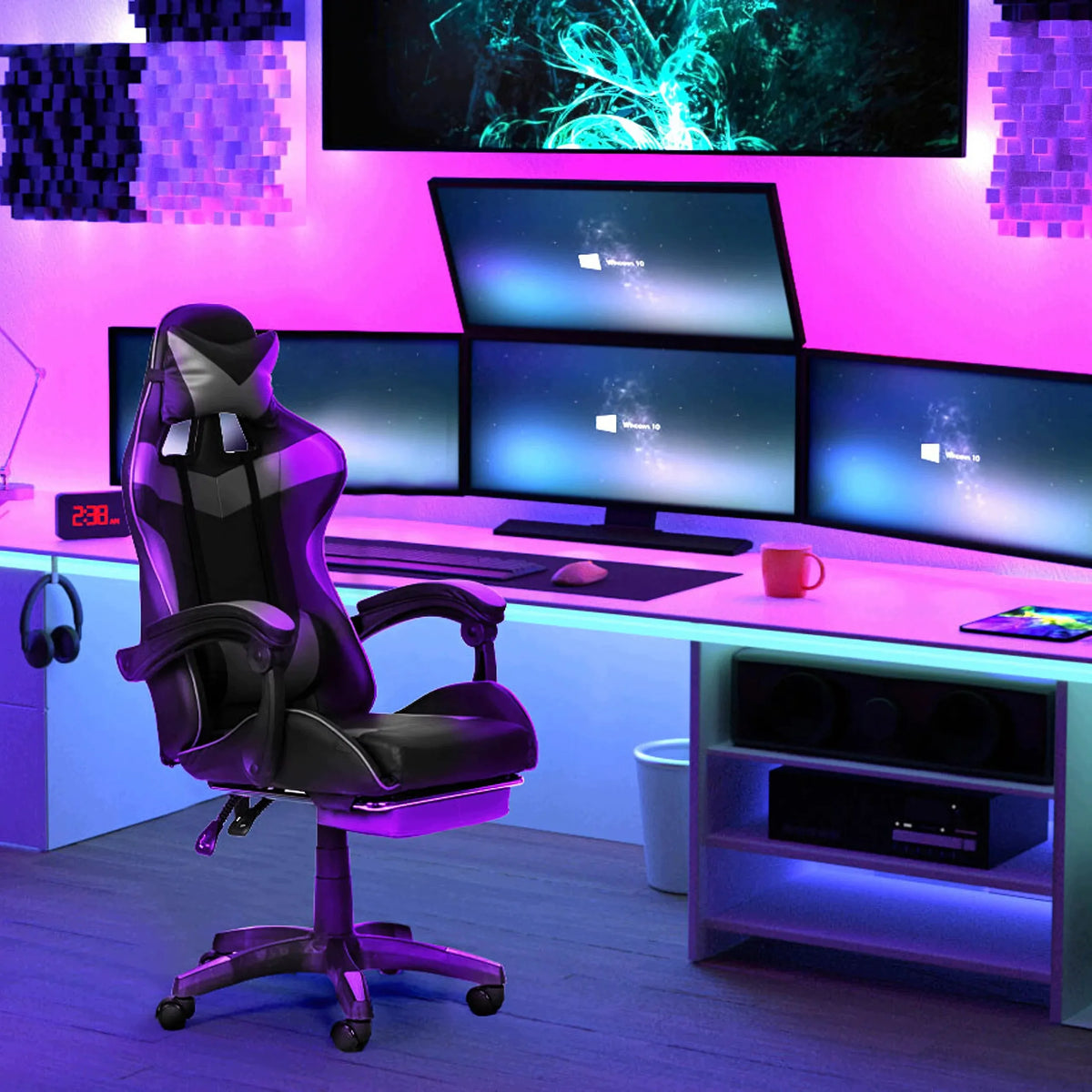 Pasukama gaming kėdė su kojų atrama, kaušo formos, iki 150 kg, pilka ir juoda
