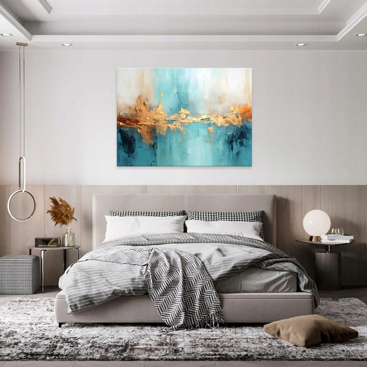 Paveikslas ant drobės „Wallarena“, abstrakcija, auksinė ir mėlyna, svetainei, miegamajam, virtuvei, 120 × 80 cm
