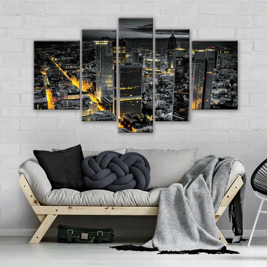 Penkių dalių paveikslas ant drobės „Miestas naktį“ svetainei ir miegamajam, 170 × 100 cm