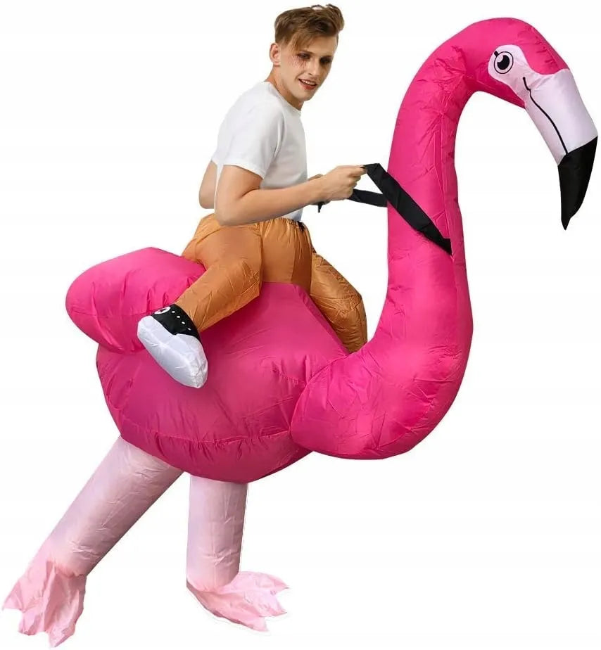 Pripučiamas flamingas kostiumas persirengimui flamingas raitelis suaugusiems