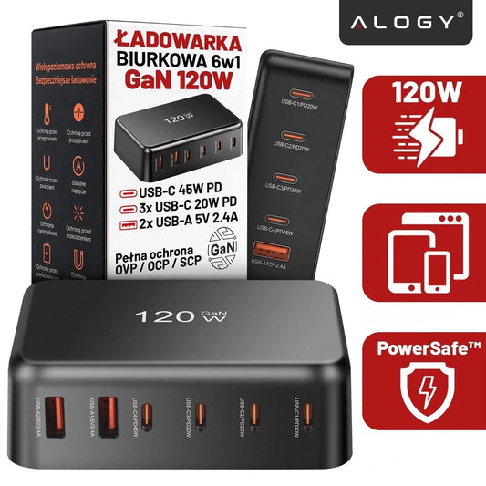 Spartusis sieninis įkroviklis, 6 prievadai, 2x USB, 4x USB-C, 120W PD QC GaN