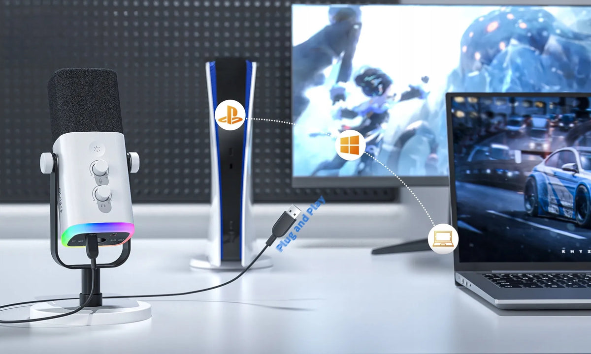 Studijinis dinaminis mikrofonas Fifine AM8 RGB, XLR / USB, baltas