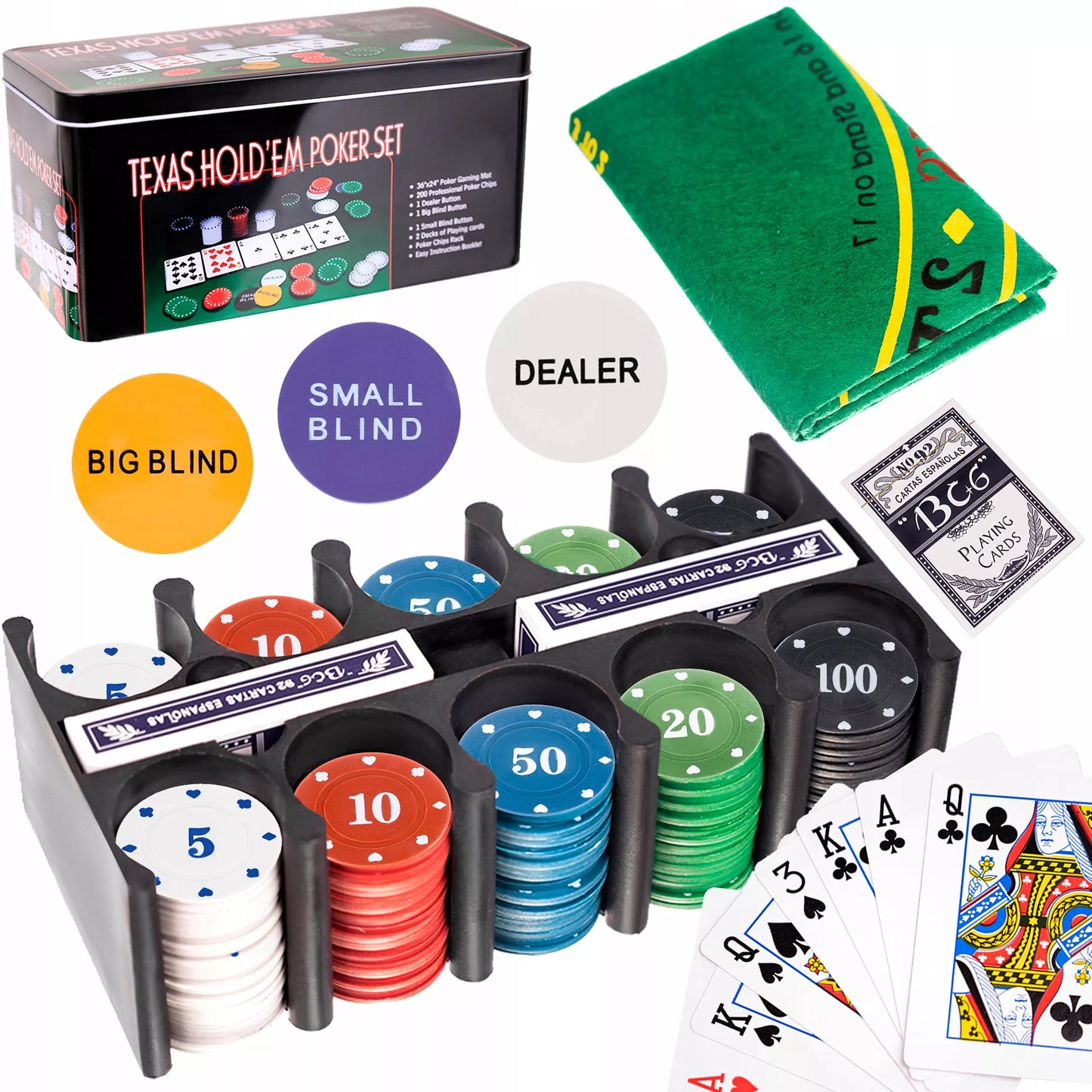 Texas pokerio žetonai – 2 kortų kaladės, Premium VIP komplektas, stiprus ir didelis