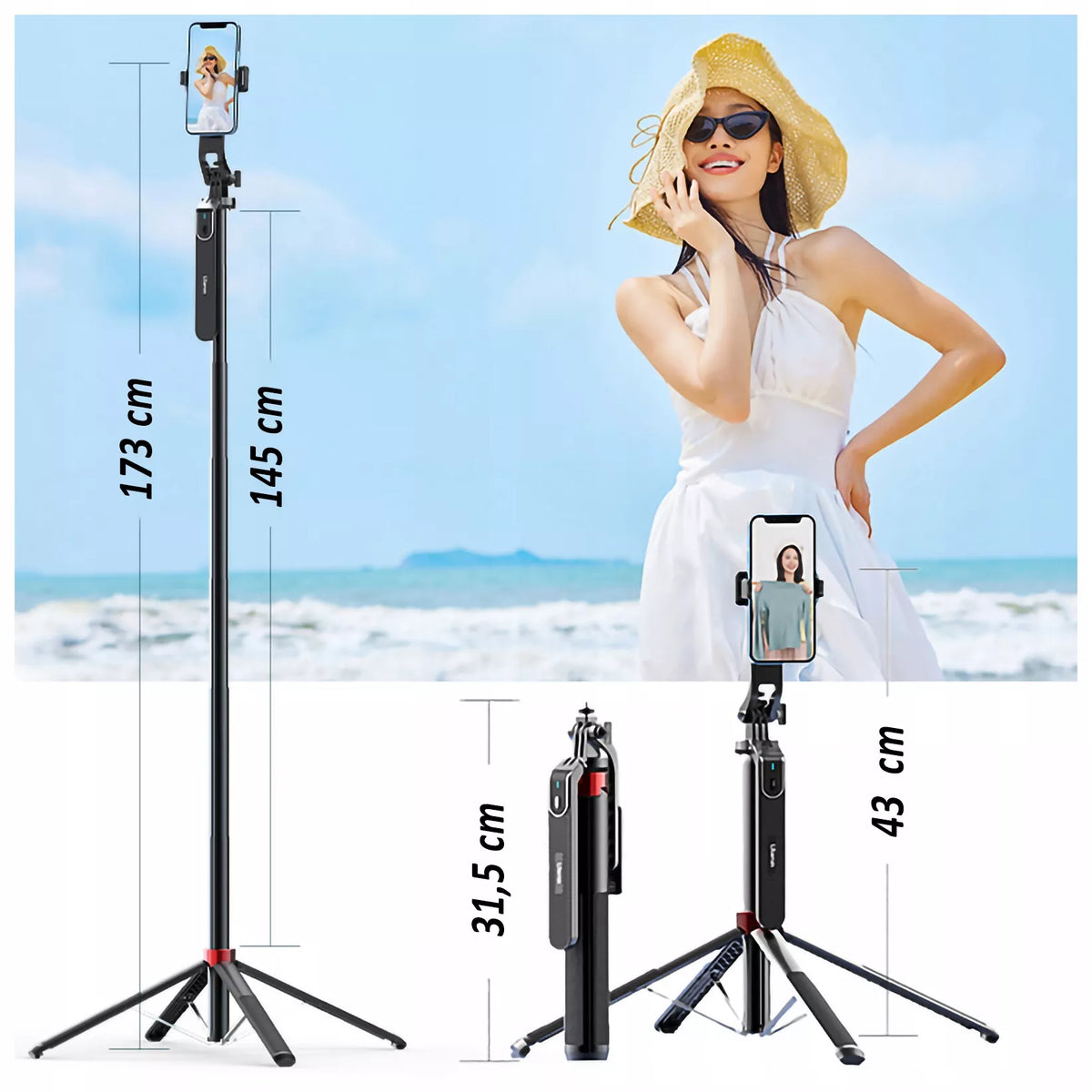 ULANZI MA09 Selfie Stick Tripod su Bluetooth nuotolinio valdymo pulteliu telefonui, GoPro kamerai