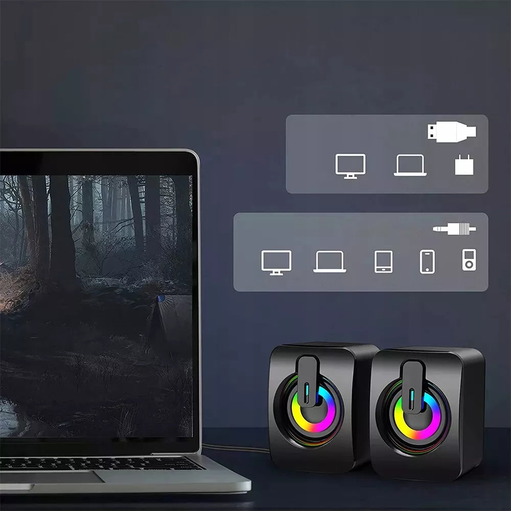 USB 2.0 KOMPIUTERINĖS GARSIAKALBĖS PC NEŠIOJAMAM KOMPIUTERIUI TELEVIZORIUI RGB LED AUX 2x