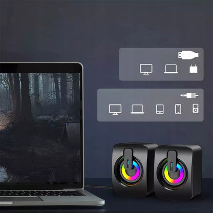USB 2.0 KOMPIUTERINĖS GARSIAKALBĖS PC NEŠIOJAMAM KOMPIUTERIUI TELEVIZORIUI RGB LED AUX 2x