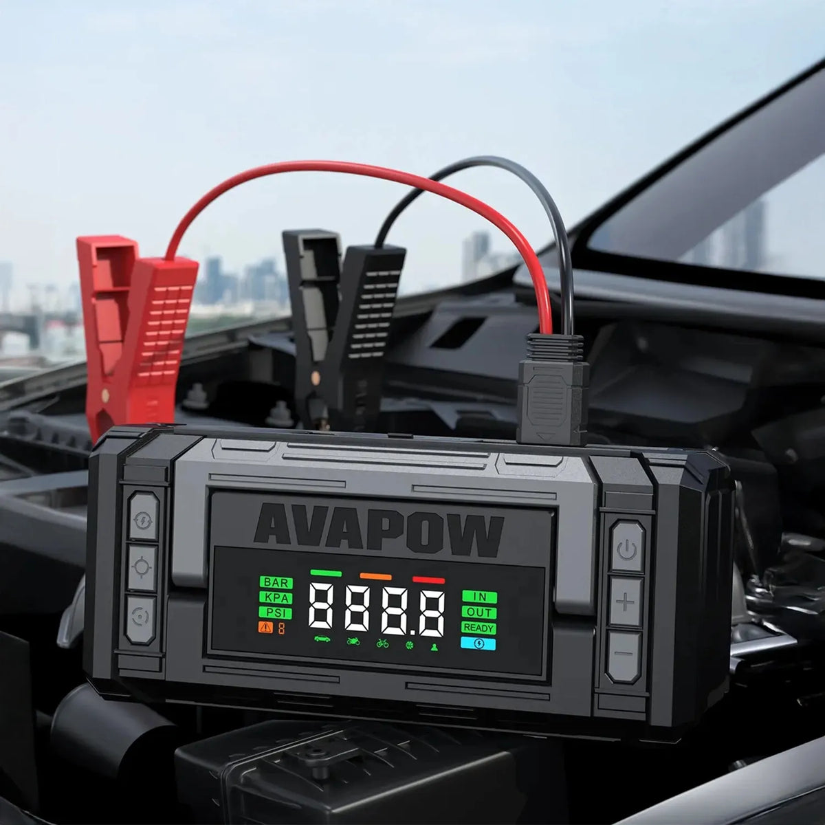 2 viename automobilinis paleidiklis 12V 8000A su kompresoriumi 150PSI LED PD 30W AVAPOW