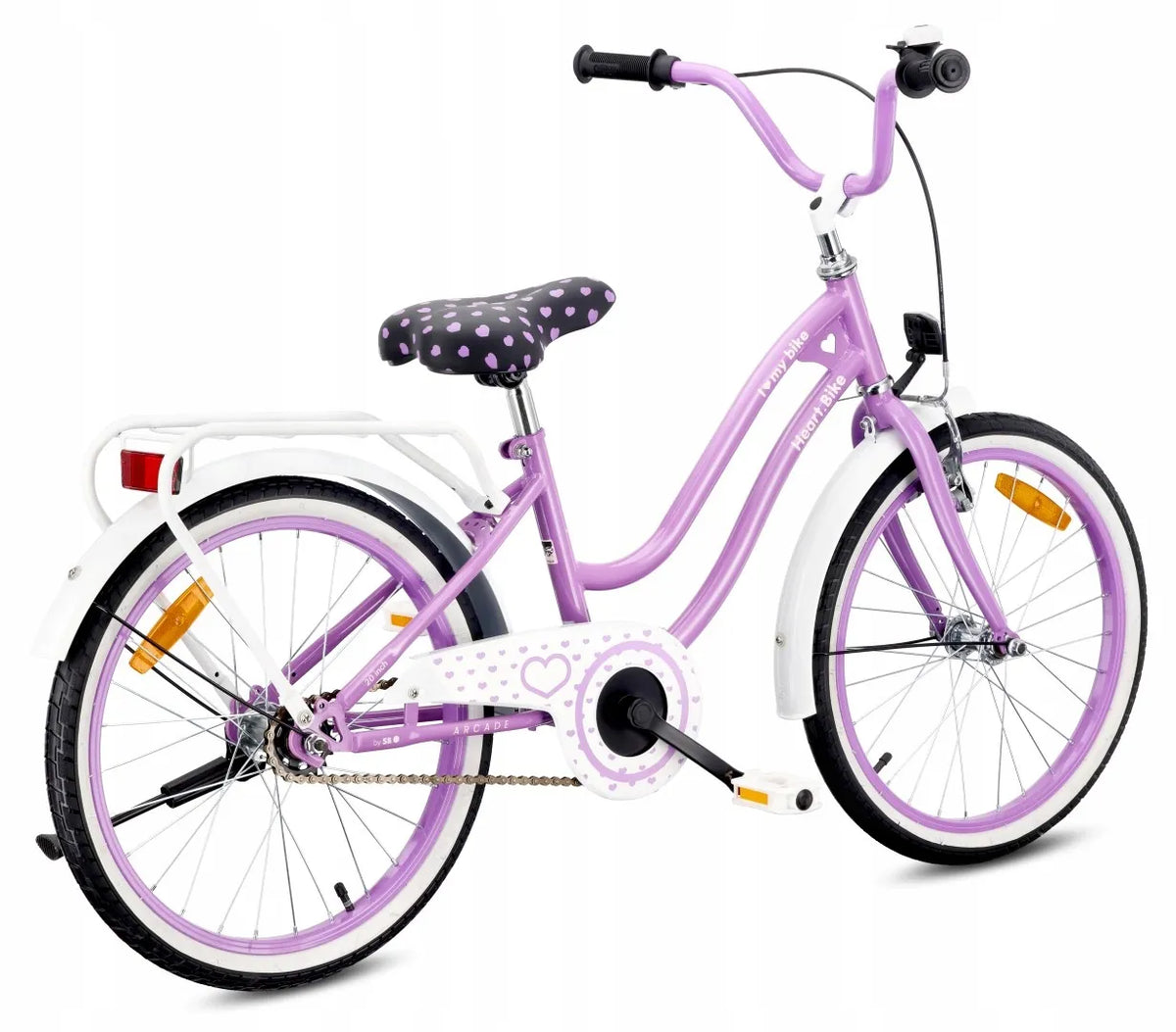 20 colių vaikiškas dviratis mergaitėms su bagažine, atramine kojele ir skambučiu Sun Baby HeartBike20