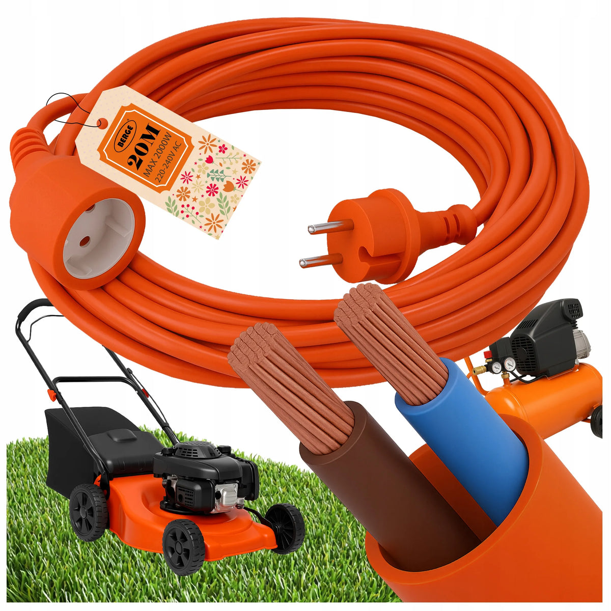 20 m sodo ilgintuvas „Berge“ vejapjovei 230V 2x1mm2 10A 2300W