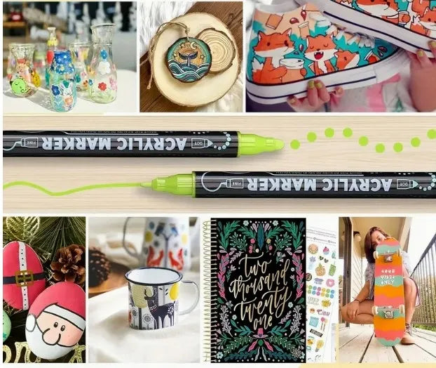 24 dvipusiai akriliniai žymekliai, įvairiaspalviai, su dažais akmenims