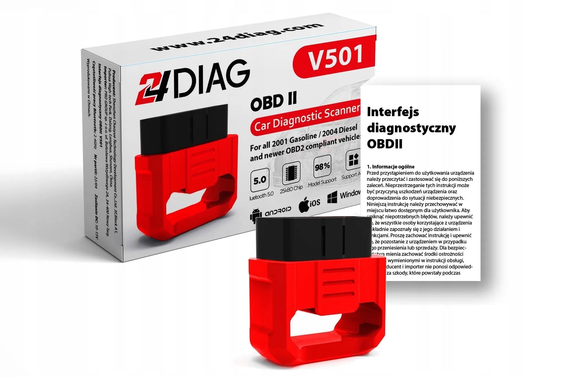 24DIAG V501 ELM327 BLUETOOTH 5.0 OBD2 DIAGNOSTIKOS SĄSAJA iOS ANDROID
