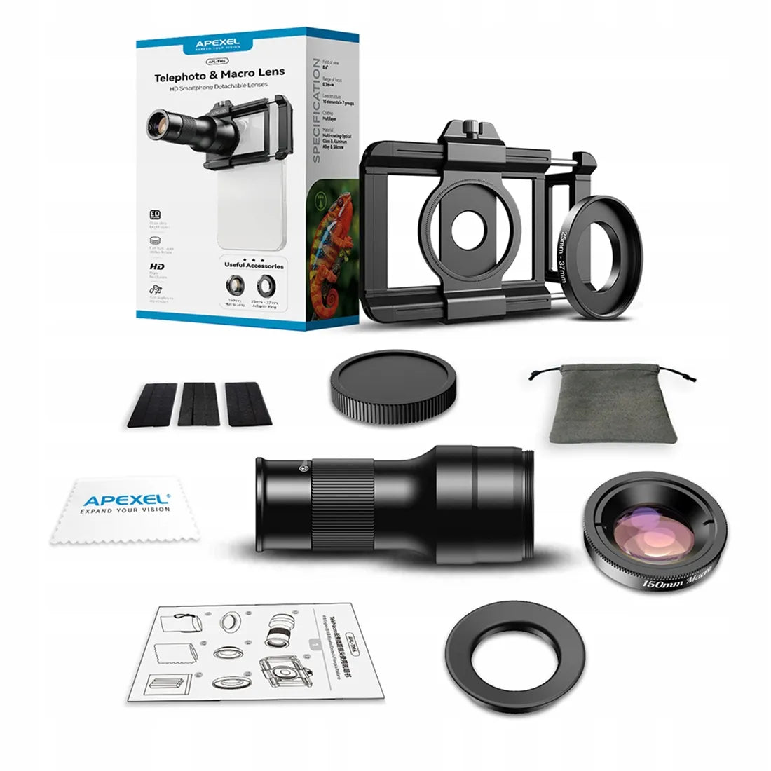 2in1 Makro ir Tele objektyvas telefonui 6x priartinimas 150mm APO Apexel