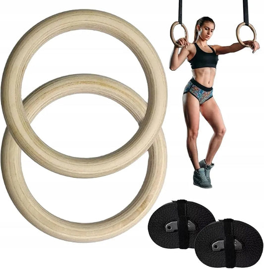 2x profesionalūs mediniai gimnastikos žiedai, žiedų rinkinys