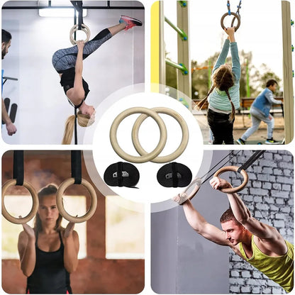 2x profesionalūs mediniai gimnastikos žiedai, žiedų rinkinys