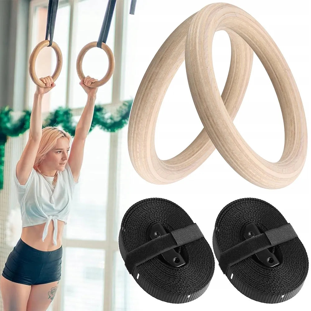 2x profesionalūs mediniai gimnastikos žiedai, žiedų rinkinys