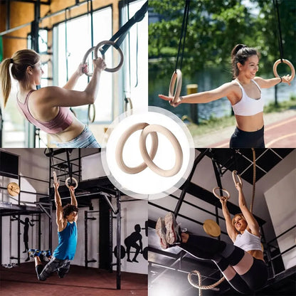 2x profesionalūs mediniai gimnastikos žiedai, žiedų rinkinys