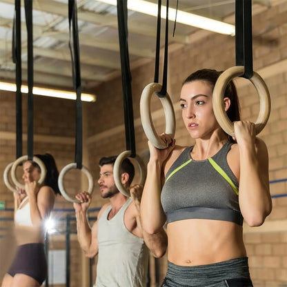 2x profesionalūs mediniai gimnastikos žiedai, žiedų rinkinys
