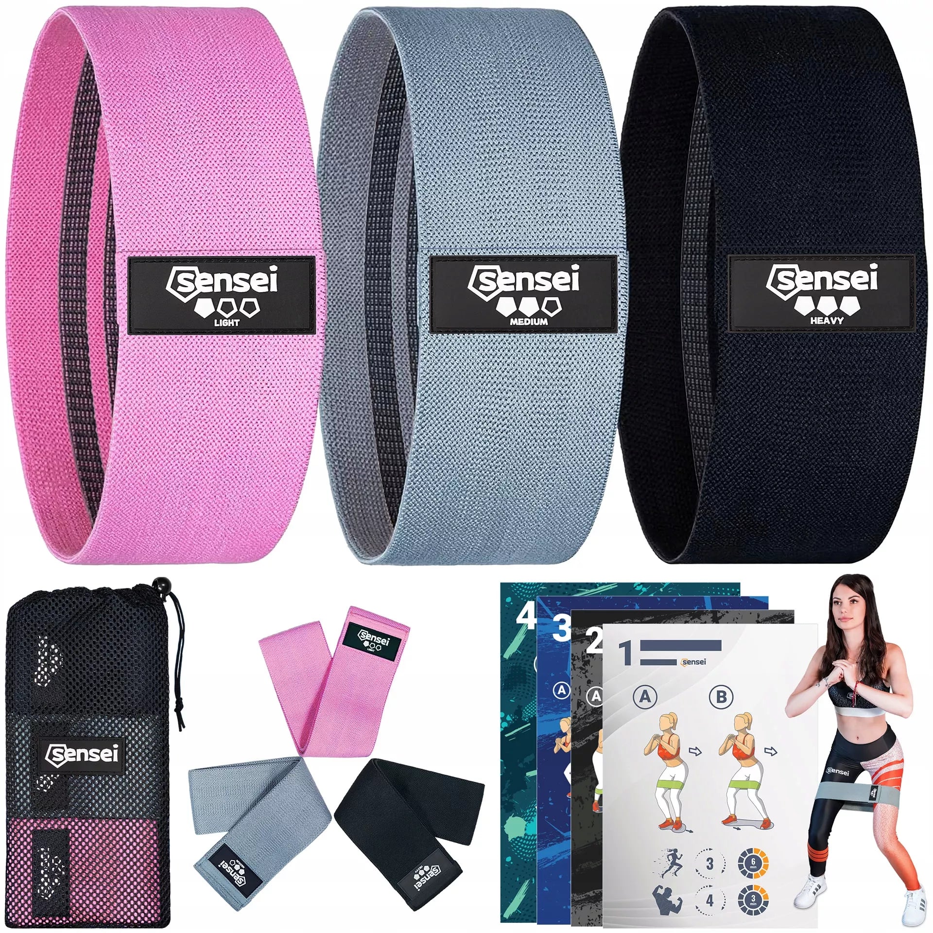 3 pasipriešinimo gumų rinkinys, medžiaginės gumos treniruotėms, Hip Bands 36 cm