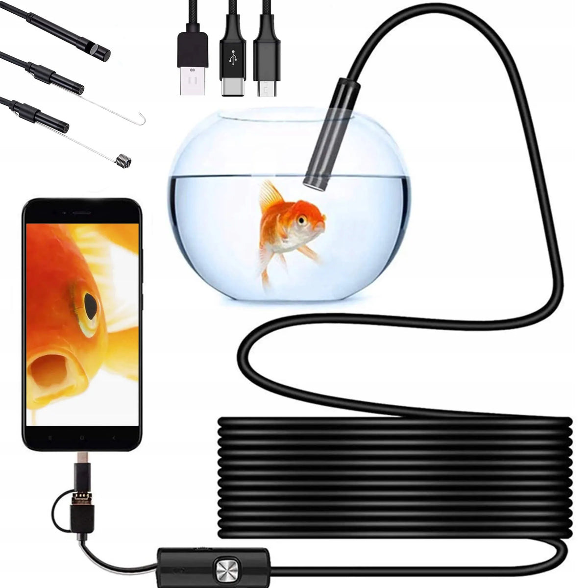 3 viename HD endoskopinė inspekcinė kamera „Android“ telefonui, USB-C, IP67, 1 m, LED